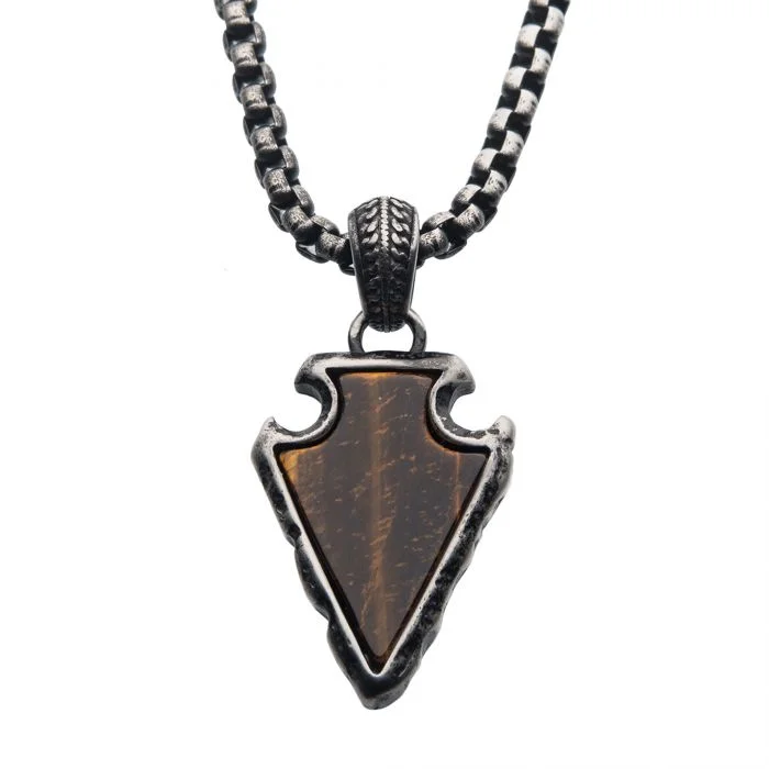 Unique Personalized Necklaces -Steel Tiger's Eye Arrowhead Necklace