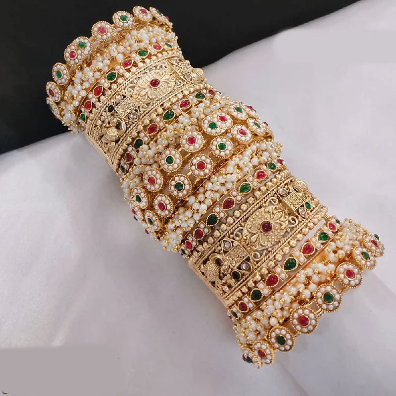 High Quality Bangles For Women-Akruti Collection Gold Plated Pota Stone And Pearl Openable Bangle Set