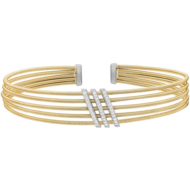 Personalize Bracelets For Anniversary Gifts-Gold Finish Sterling Silver Multi Cable Cuff Bracelet with Rhodium Finish Simulated Diamond Three Diagonal Bars