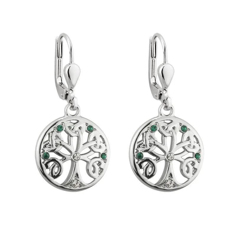 Large Drop Earrings-Rhodium Crystal Tree Of Life Drop Earrings