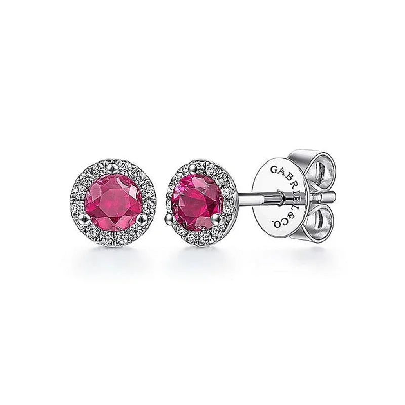 Elegant Dangle Earrings For Women-Gabriel & Co. 14k White Gold Diamond and Ruby Halo Stud Earrings