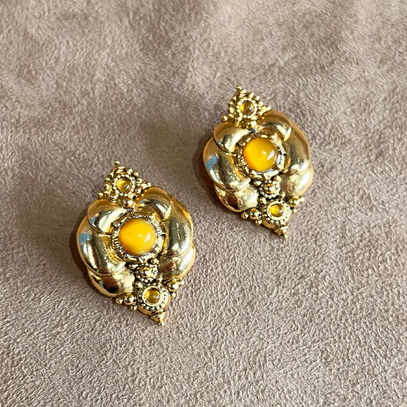 Modern Gold Earrings-Abbey Road Gold, Yellow Glass Statement Clip On Earrings