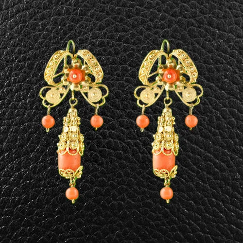 Gold Earrings With Gems-Red Coral & Gold Filigree Estate Earrings