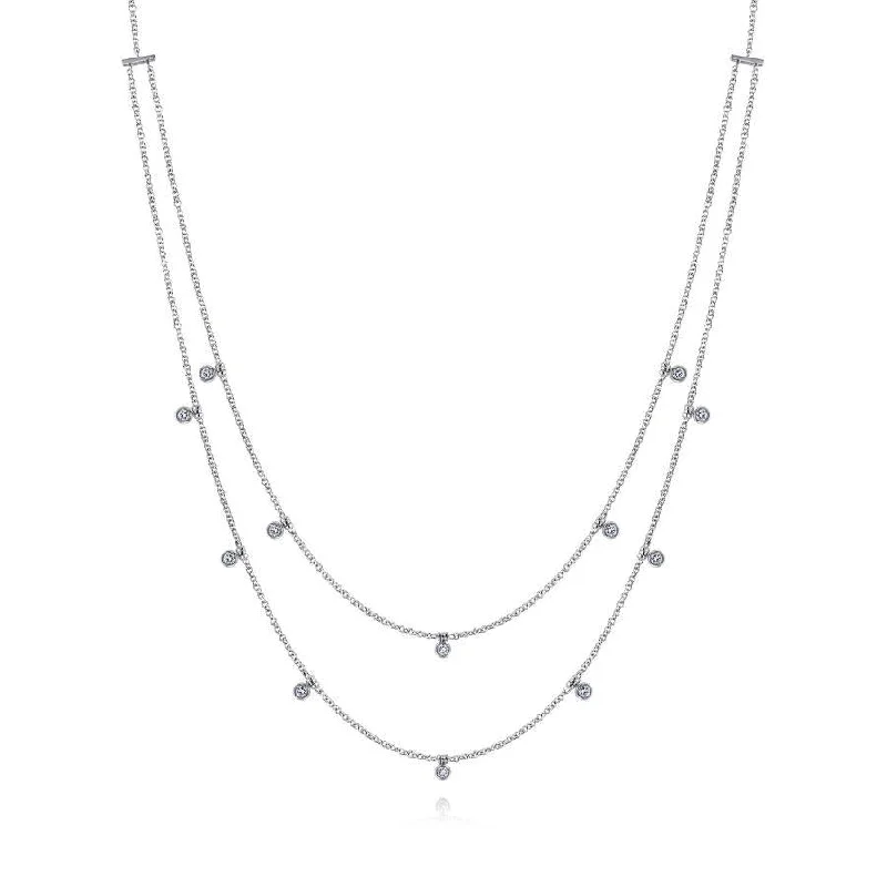 Vintage Silver Necklaces -Gabriel & Co. - NK6338W45JJ - Two Row 14K White Gold Necklace with Diamond Drops