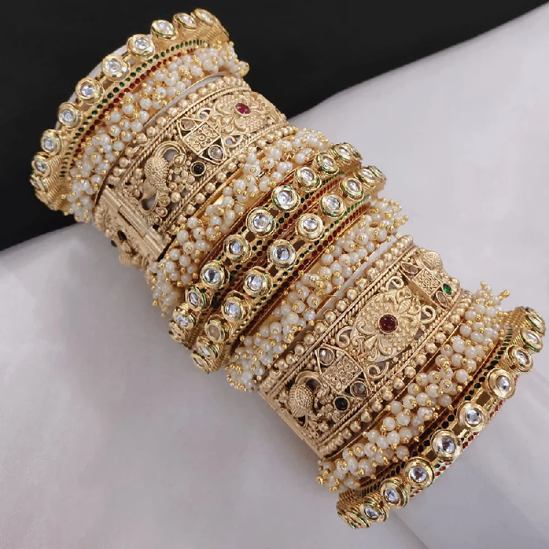 Designer Bangles For Special Gifts-Lucentarts Jewellery Gold Plated Pota Stone And Pearls Openable Bangles Set