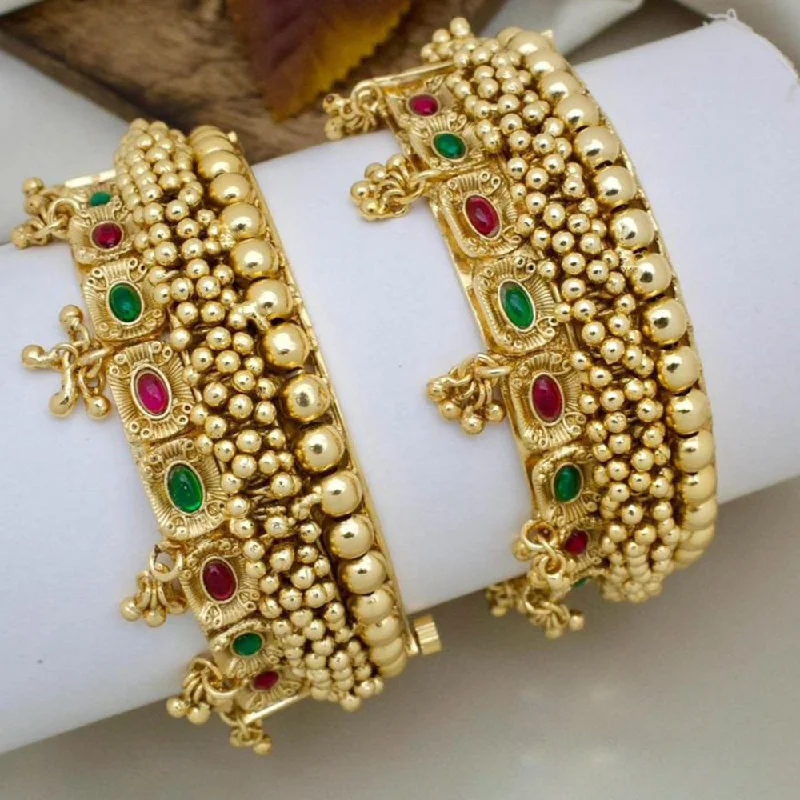 Elegant Designer Bangles For Casual Wear-JCM Gold Plated Pota Stone And Pearls Openable Bangles Set