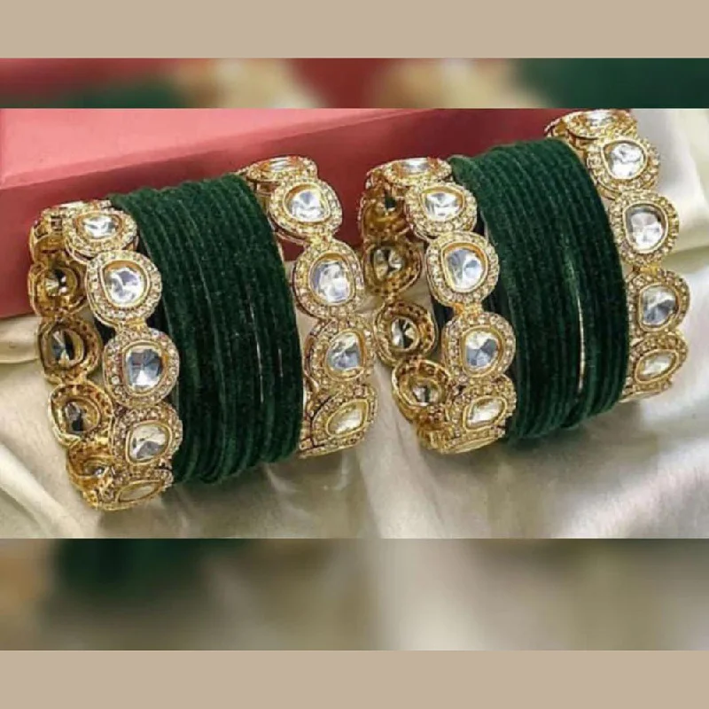 Chic Bangles For Women-Pooja Bangles Gold Plated Crystal Stone Velvet Bangles Set