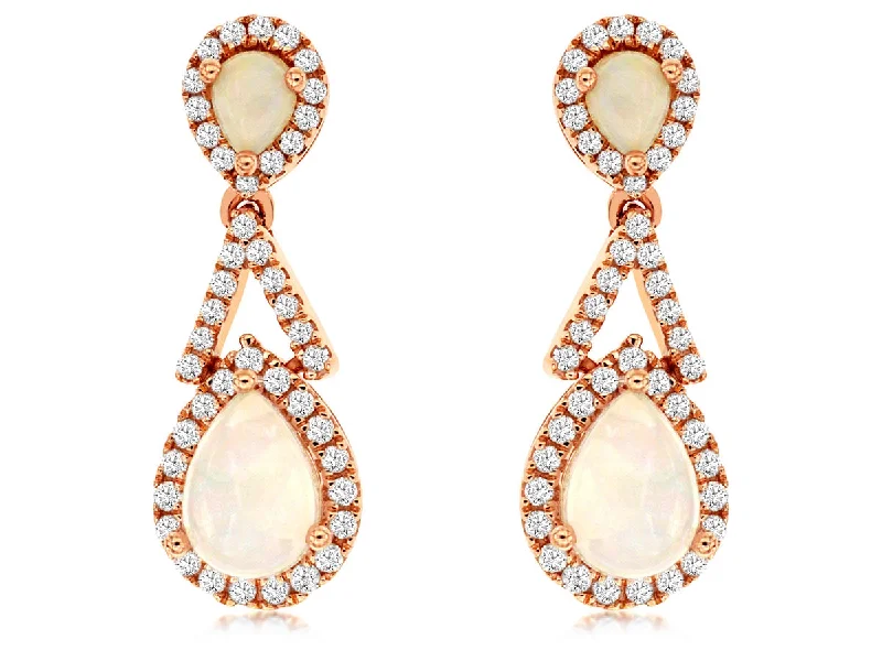 Party Earrings-14K Rose Gold 2 Pear Shape Opal Diamond Dangle Earrings