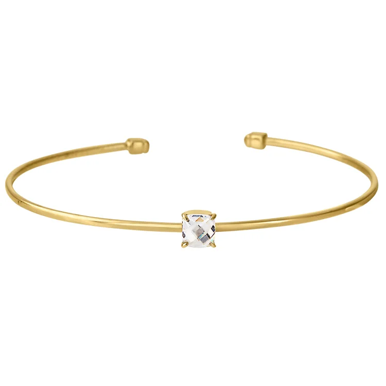 Customizable Bracelets For Bridesmaids-Gold Finish Sterling Silver Pliable Cuff Bracelet with Faceted Cushion Cut Simulated Diamond Birth Gem - April