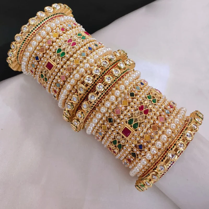 Custom Gold Bangles For Weddings-Lucentarts Jewellery Gold Plated Crystal Stone And Pearls Bangles Set