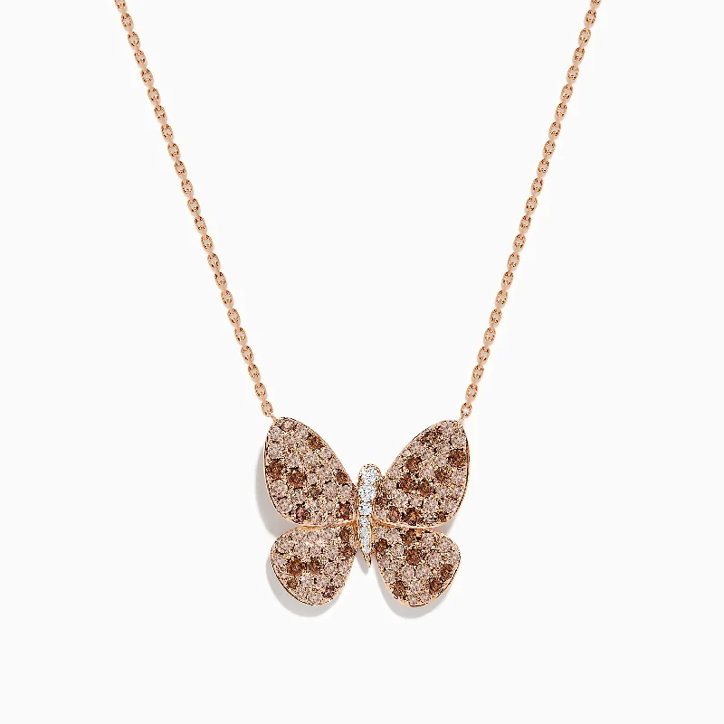 Casual Pendant Necklaces -14K Rose Gold Brown and White Diamond Butterfly Necklace