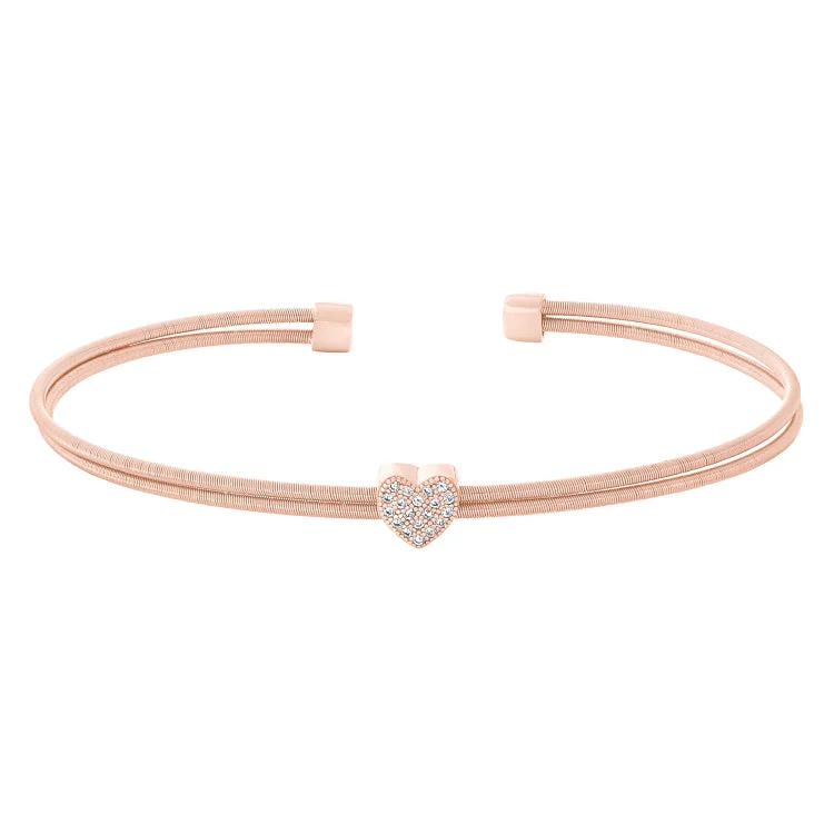 Beaded Wrap Bracelets For Women-Rose Gold Finish Sterling Silver Two Cable Cuff Bracelet with Simulated Diamond Heart