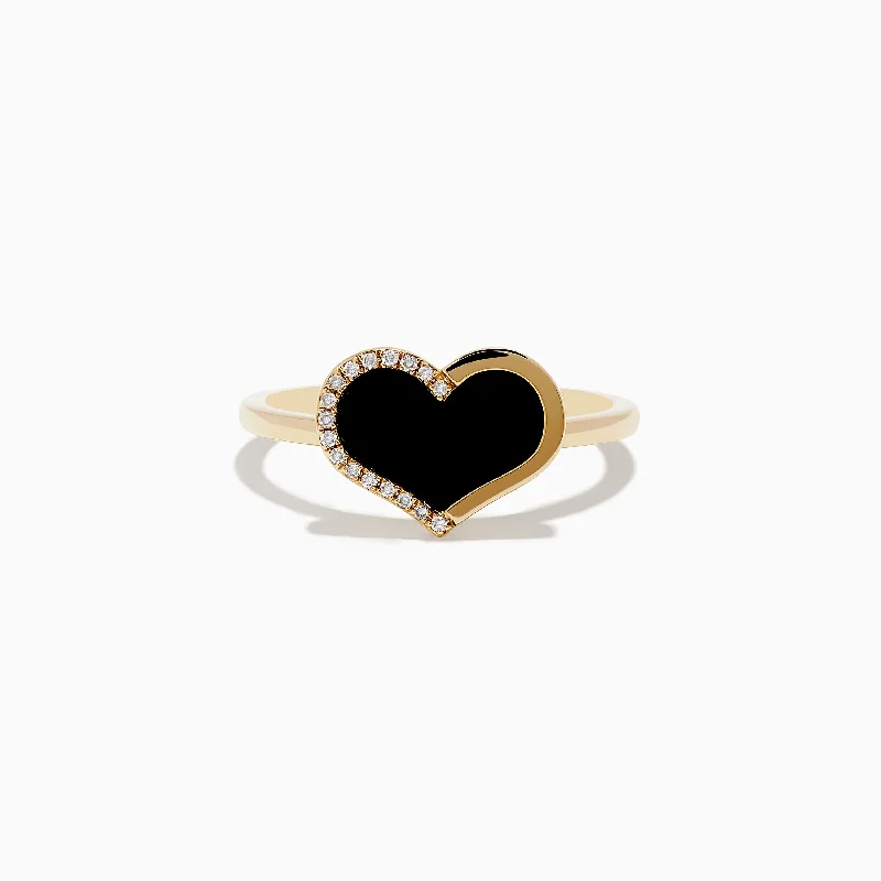 Unique fashion rings for women-Eclipse 14K Yellow Gold Onyx and Diamond Heart Ring