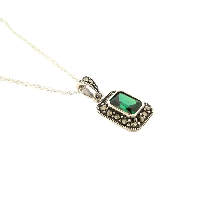 Stylish Adjustable Necklaces -Art Deco Pendant Green Emerald Necklace Silver Marcasite Cubic Zirconia