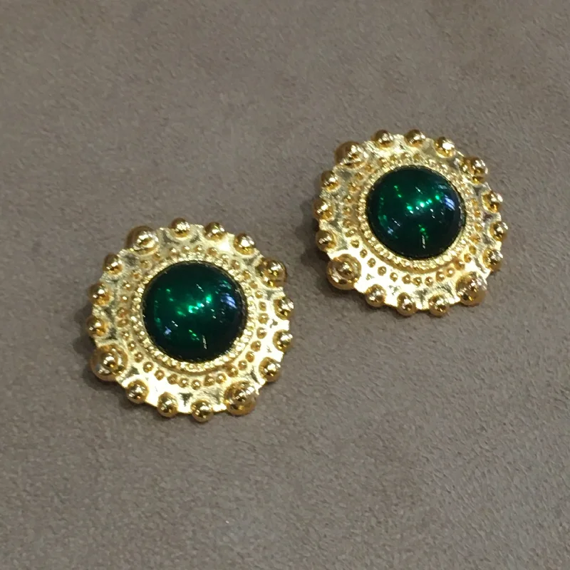 Handmade Silver Earrings-Vintage  emerald green round glass Earrings