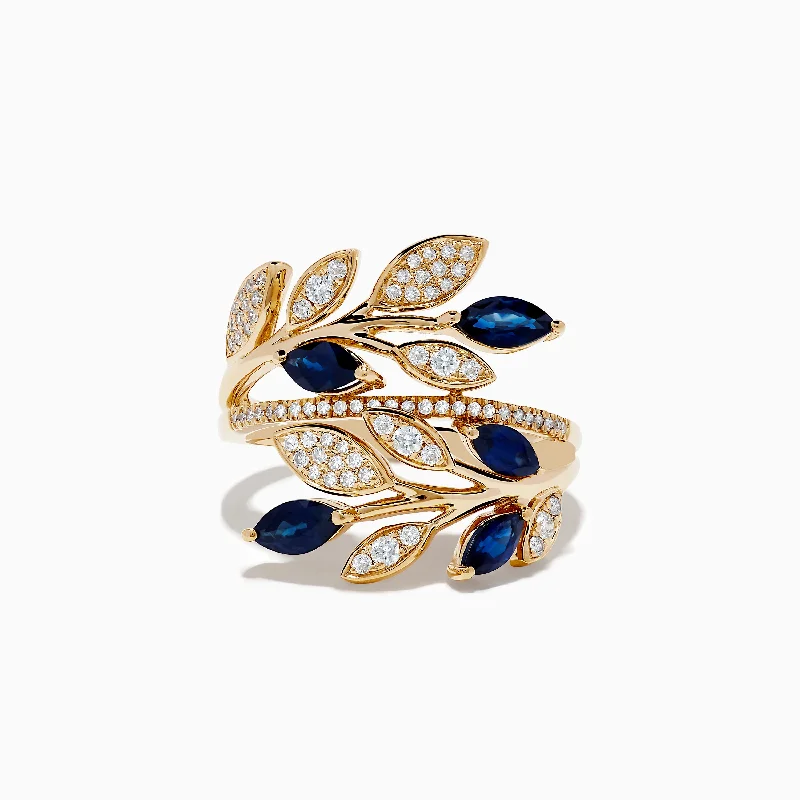 Classic wedding bands for women-Royale Bleu 14K Yellow Gold Blue Sapphire and Diamond Leaf Ring