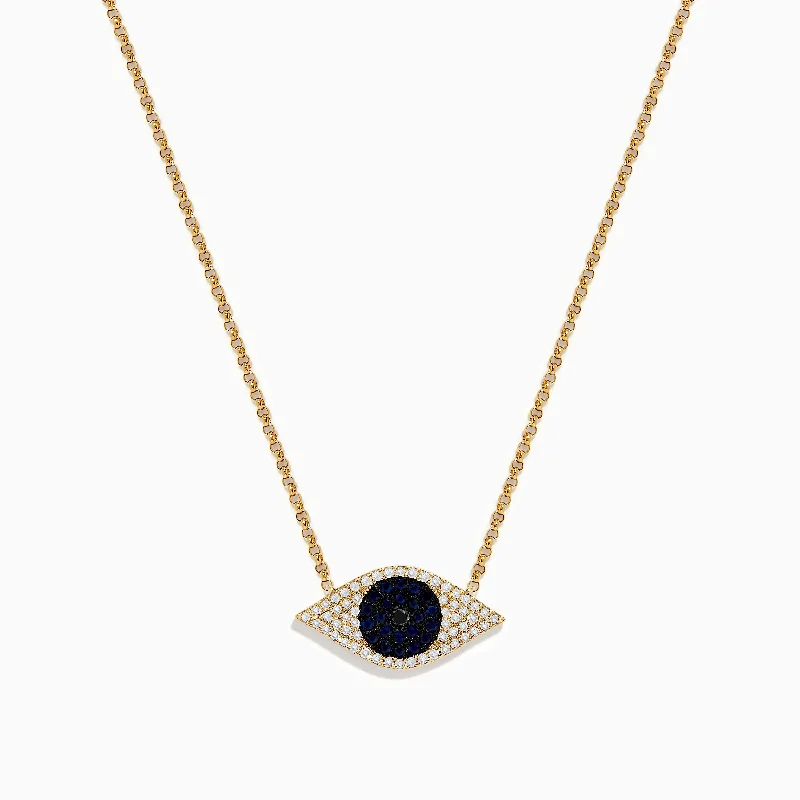 Bar Necklaces -Novelty 14K Yellow Gold Blue Sapphire and Diamond Evil Eye Necklace