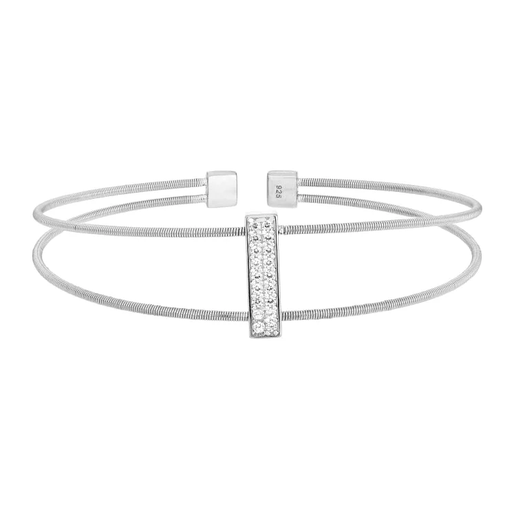 Romantic Bracelets For Women-Rhodium Finish Sterling Silver Two Cable Cuff Bracelet with Rhodium Finish Simulated Diamond Double Row Vertical Bar