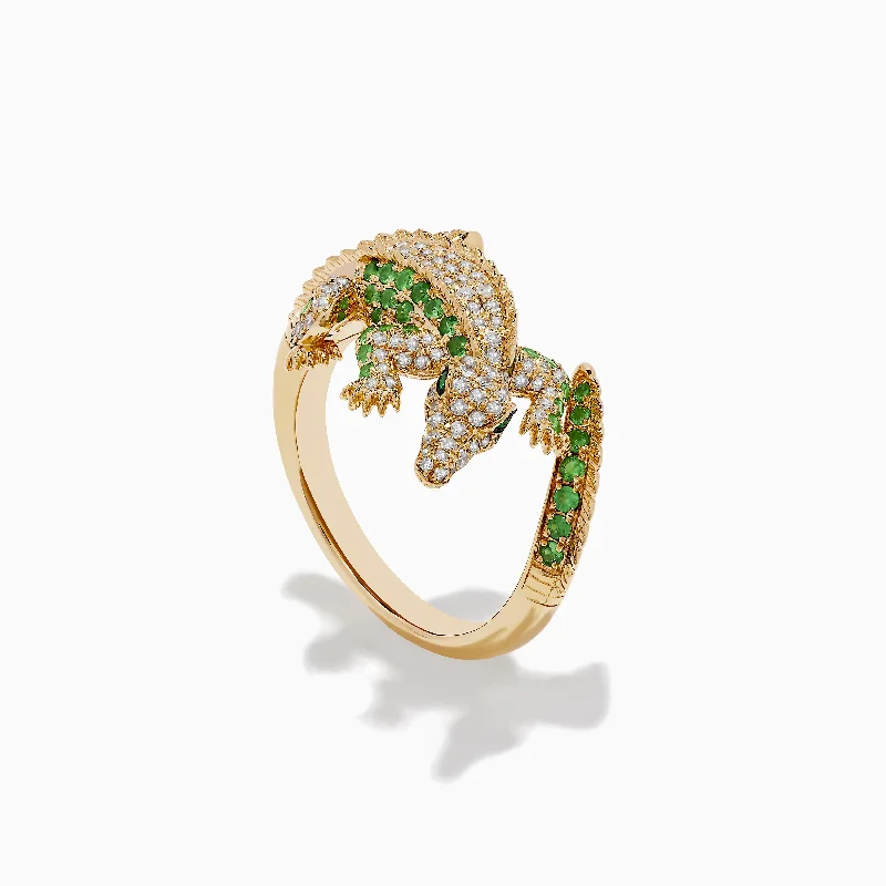 Custom rings for special events-Safari 14K Yellow Gold Diamond, Tsavorite, and Emerald Crocodile Ring