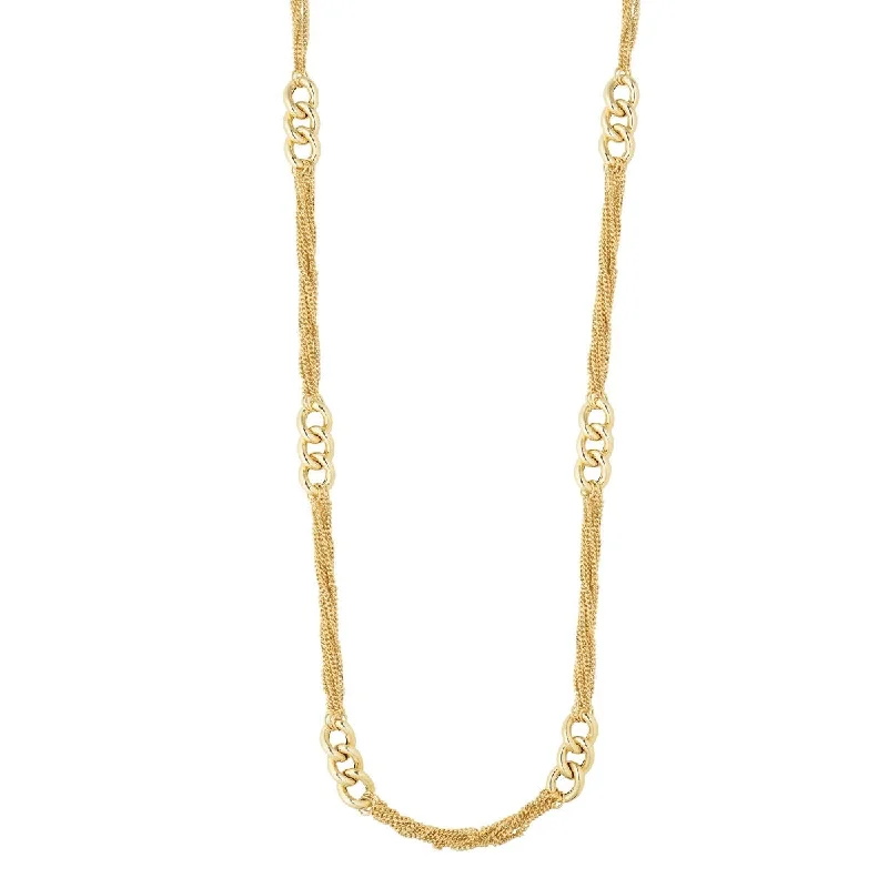 Symbolic Necklaces -14kt 24" Yellow Gold Shiny+Diamond Cut 4 Strand Into 6 Strand Curb Type Link+3 Oval Link Cluster Fancy Necklace with Fish Clasp AUF1060-24