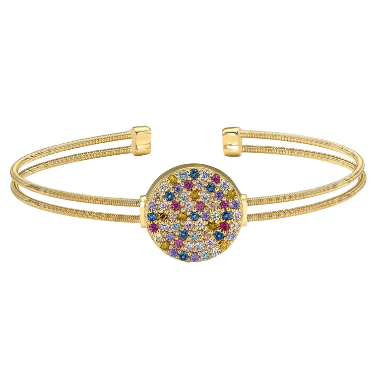 Bracelets With Heart Charms For Women-Gold Finish Sterling Silver Two Cable Cuff Confetti Bracelet with Multi Colored Simulated Diamonds