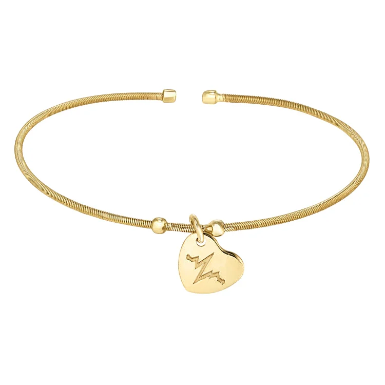 Charm Bracelets For Women With Birthstones-Gold Finish Sterling Silver Cable Cuff Bracelet with a Dangling Polished Heart Charm with a Heartbeat Design.