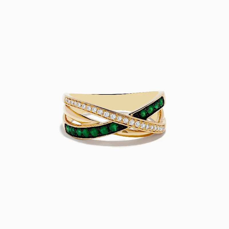 Fashion rings with initials-14K Yellow Gold Emerald and Diamond Crossover Band