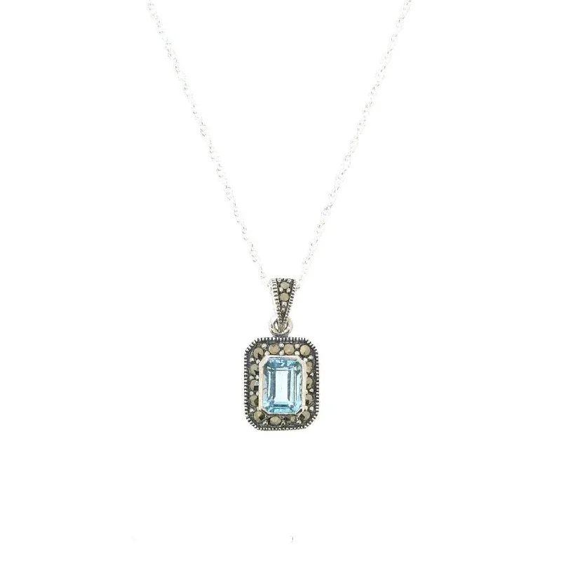 Baby Name Necklaces -Art Deco Pendant Blue Topaz Necklace Silver Marcasite Bridal Vintage Bride