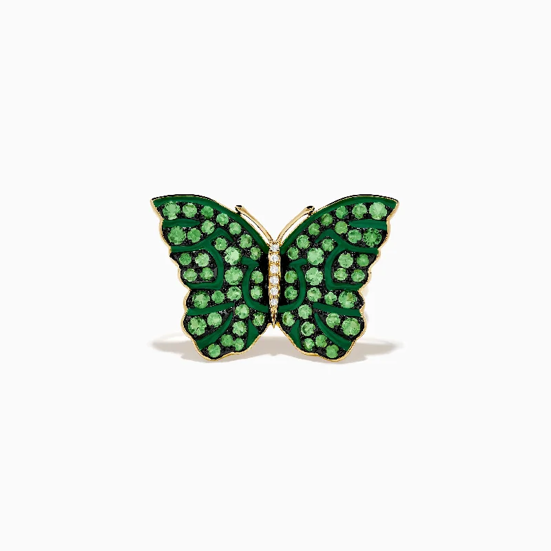 Silver engagement rings-Nature 14K Yellow Gold Tsavorite and Diamond Butterfly Ring