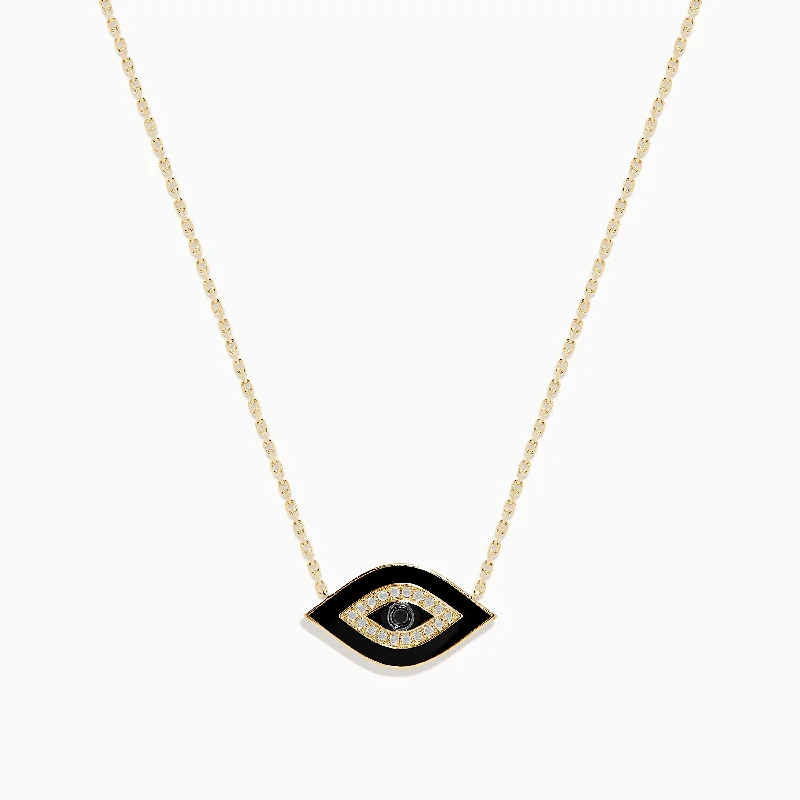 Oval Necklaces -Novelty 14K Yellow Gold Black Enamel and White Diamond Evil Eye Necklace