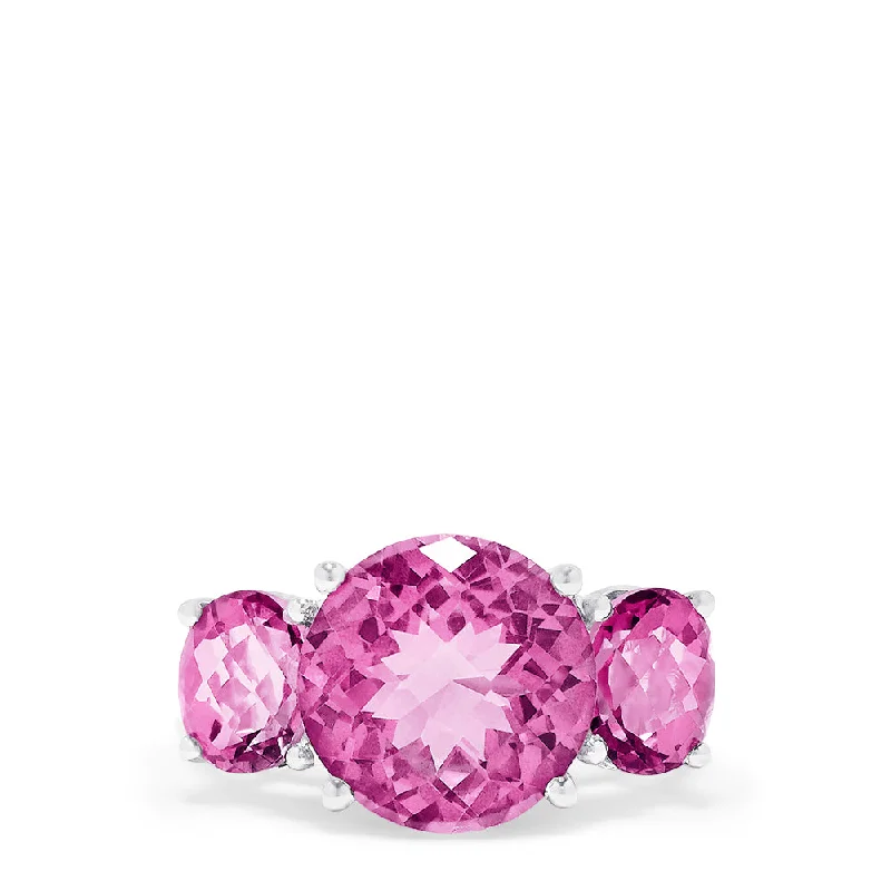 Stylish gold rings with rubies-14K White Gold Pink Topaz Three Stone Ring, 8.00 TCW