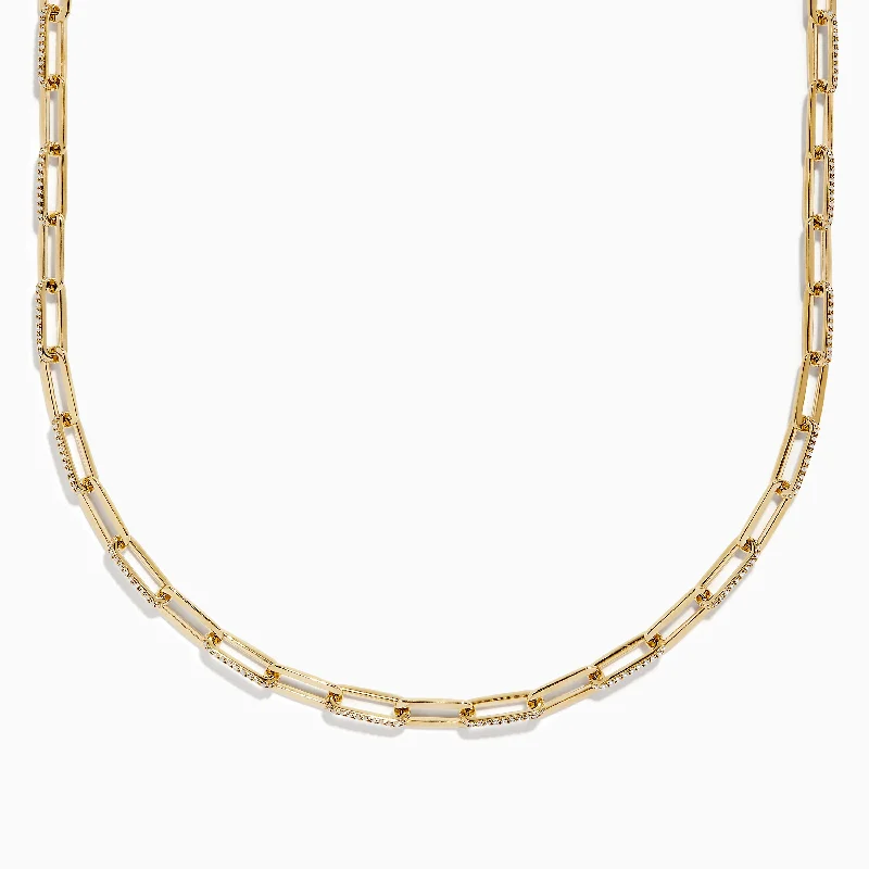 Pearl Necklaces -D'oro 14 Karat Yellow Gold Paperclip Chain Link Diamond Necklace