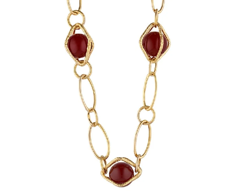 Diamond Necklaces -Carnelian Cabochon Beads Station Link Necklace in 14K