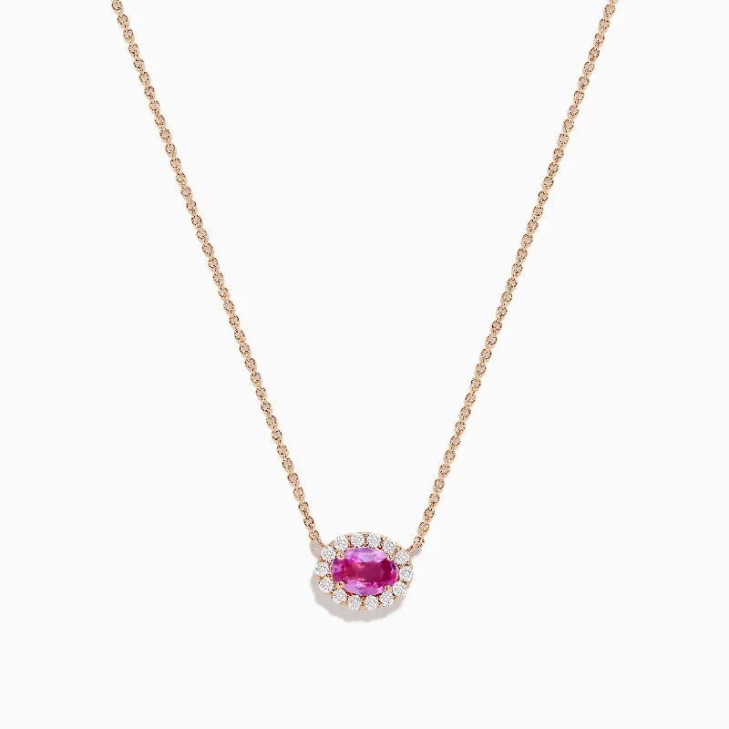 Birthstone Gemstone Necklaces -14K Rose Gold Pink Sapphire and Diamond Necklace