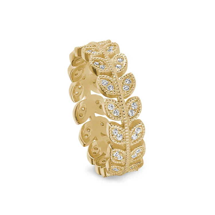 Personalized wedding bands with diamonds-Gold Finish Sterling Silver Micropave Leaf Ring with Simulated Diamonds