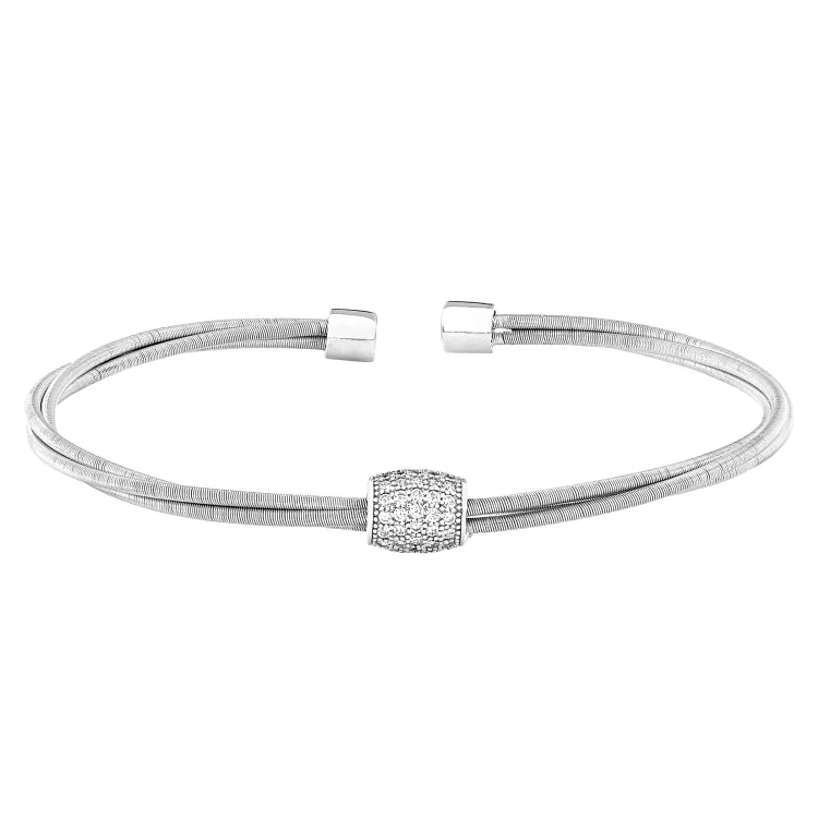 Stylish Leather Bracelets For Teens-Rhodium Finish Sterling Silver Three Cable Cuff Bracelet with Five Row Simulated Diamond Barrel