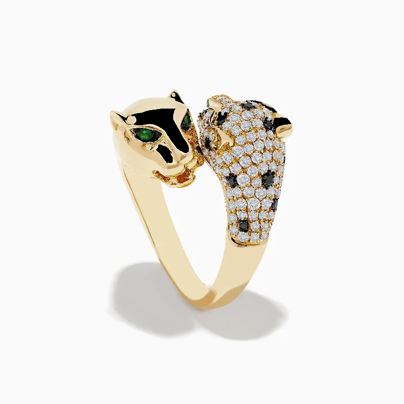 Fashionable rings for women-Signature 14K Yellow Gold Diamond and Emerald Double Panther Ring