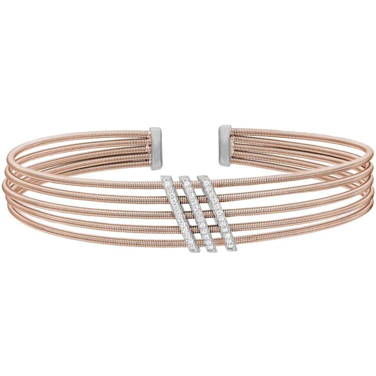 Stylish Tennis Bracelets For Brides-Rose Gold Finish Sterling Silver Multi Cable Cuff Bracelet with Rhodium Finish Simulated Diamond Three Diagonal Bars