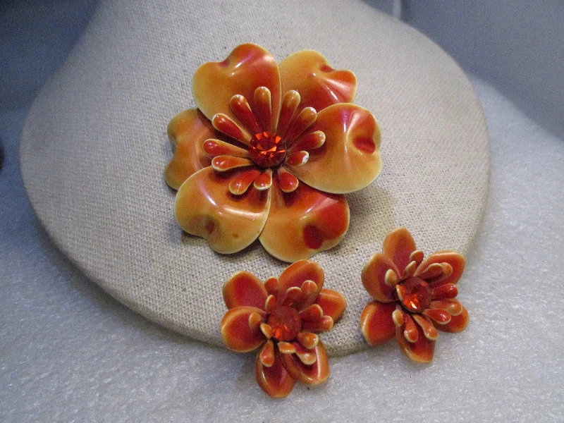 Gold Earrings Set For Women-Enameled Floral Brooch & Clip Earrings Set, Shades of Orange, Rhinestone Center 1950's/1960's