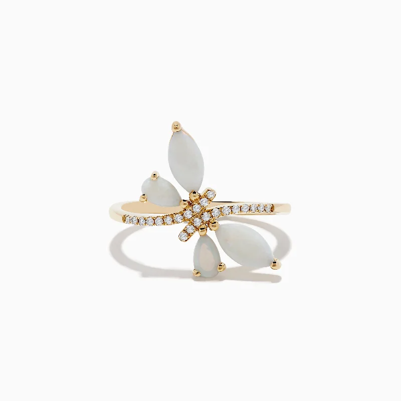 Affordable engagement rings-Aurora 14K Yellow Gold Opal and Diamond Butterfly Ring