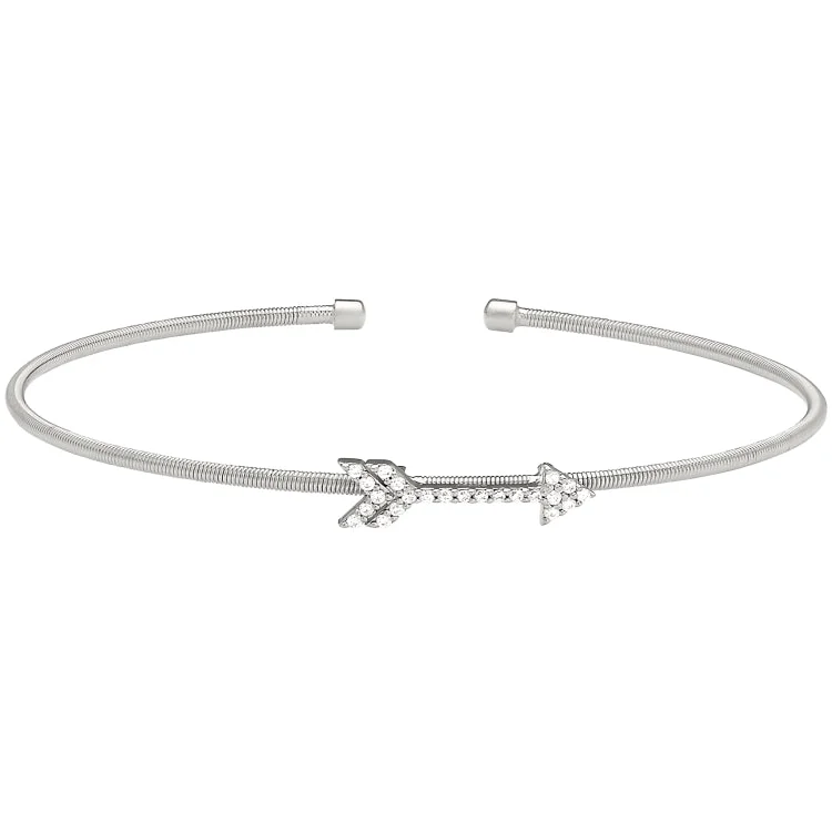 Silver Beaded Cuff Bracelets-Rhodium Finish Sterling Silver Cable Cuff Arrow Bracelet with Simulated Diamonds