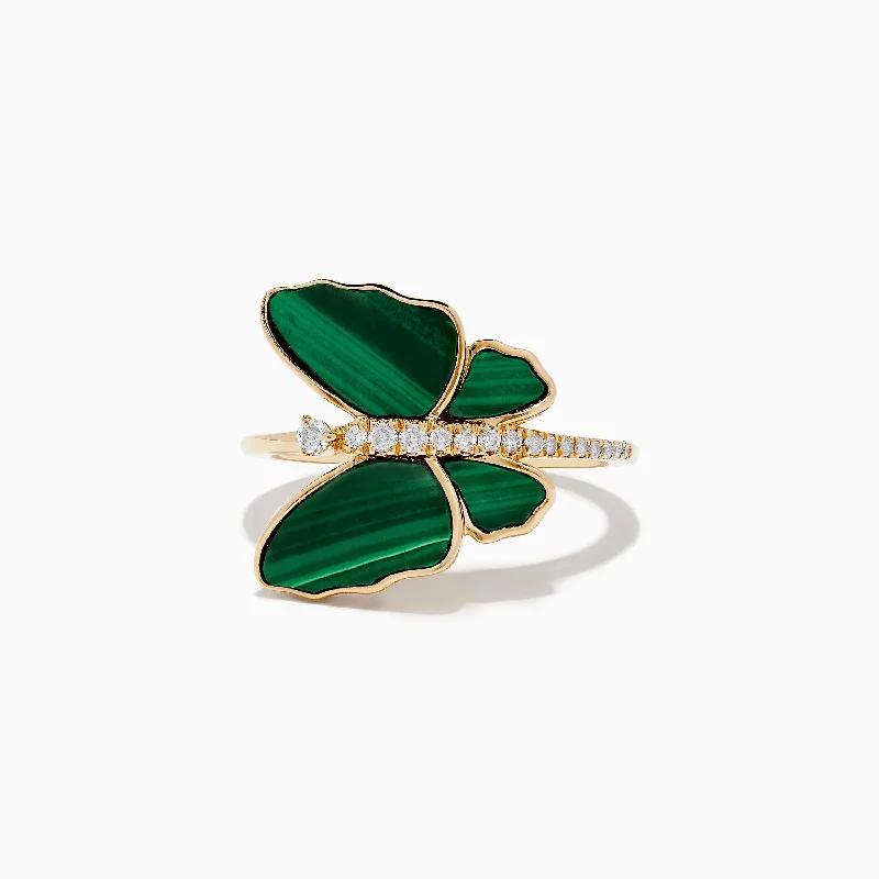 Vintage wedding bands-Nature 14K Yellow Gold Malachite and Diamond Butterfly Ring