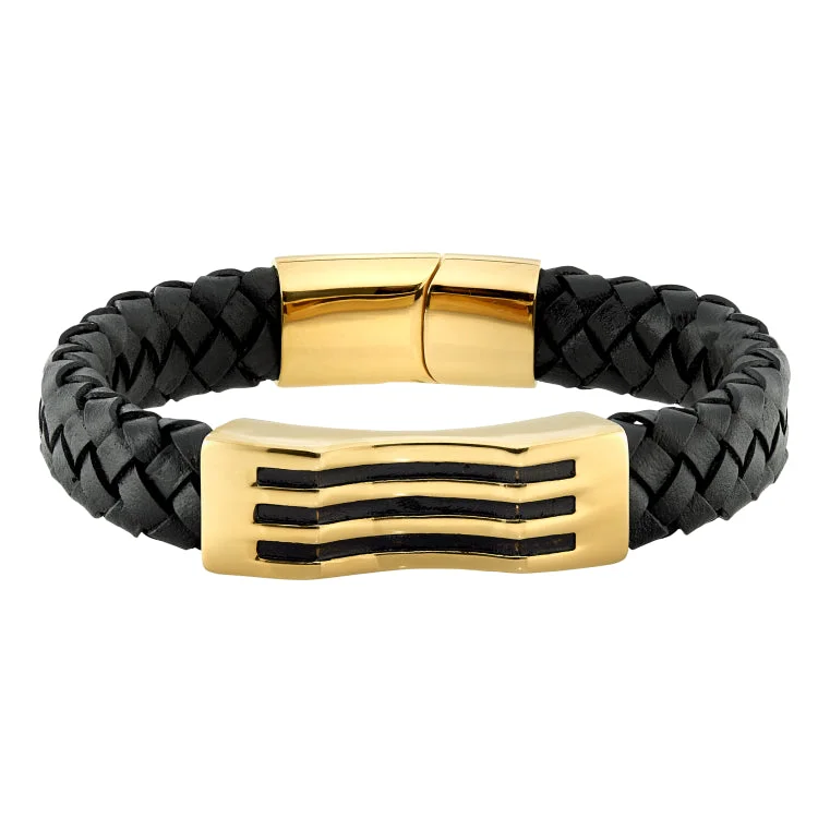 Elegant Bracelet For Formal Events-Black Braided Leather Stainless Steel With Gold Bar and Black Lines Bracelet