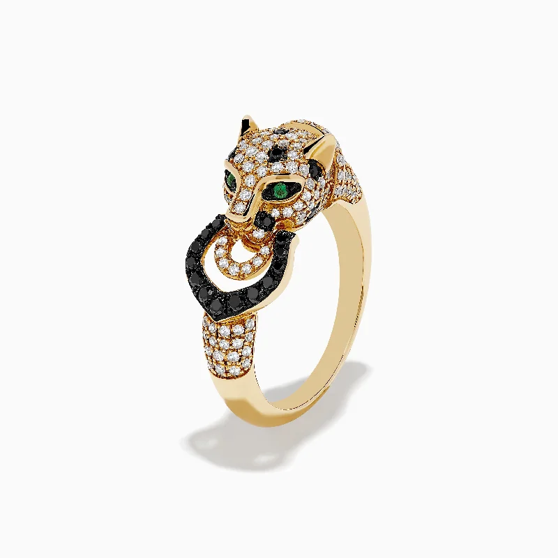 Luxury engagement rings for men-Signature 14K Yellow Black and White Diamond and Emerald Panther Ring