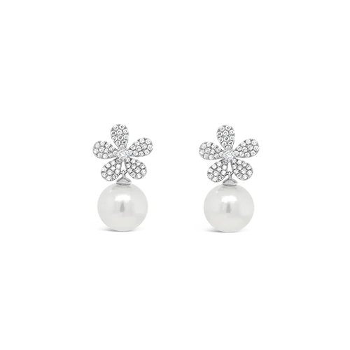 Custom Hoop Earrings For Wedding-Pearl & Diamond Flower Earrings