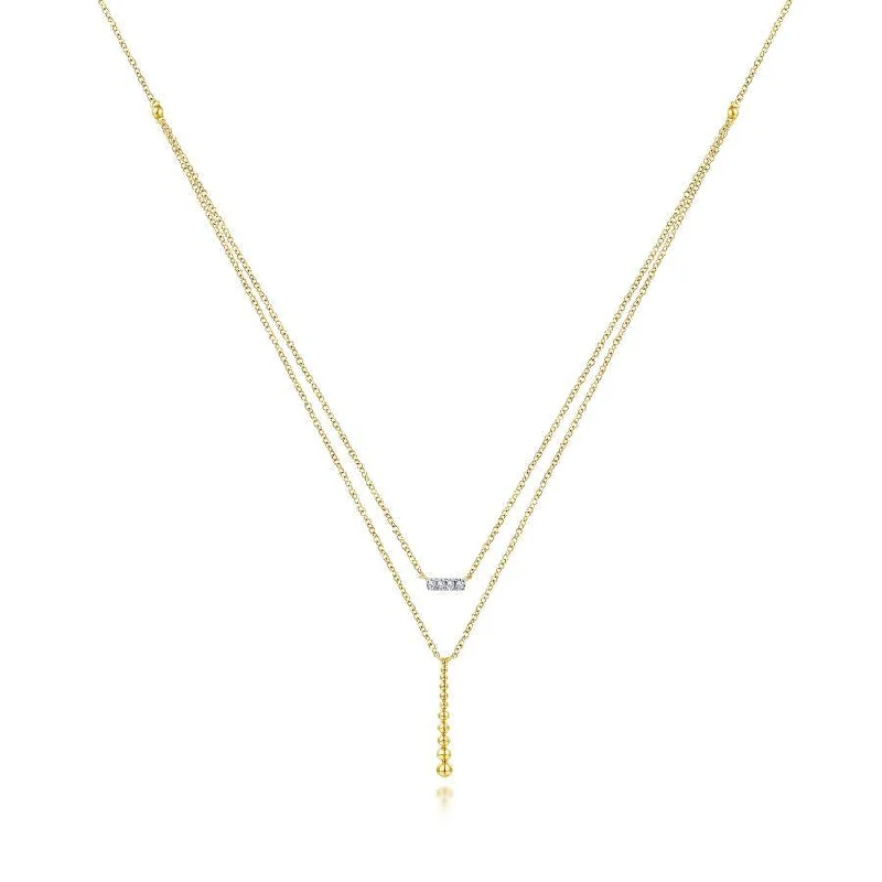 Unique Handmade Necklaces -Gabriel & Co. - NK5959Y45JJ - 14K Yellow Gold Two Strand Diamond Bar and Bujukan Beaded Pendant Necklace