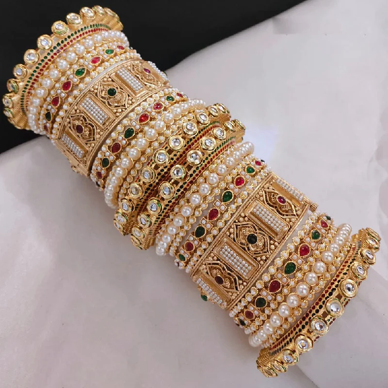 Bangles With Sparkling Crystals-Akruti Collection Gold Plated Pota Stone And Pearl Openable Bangle Set