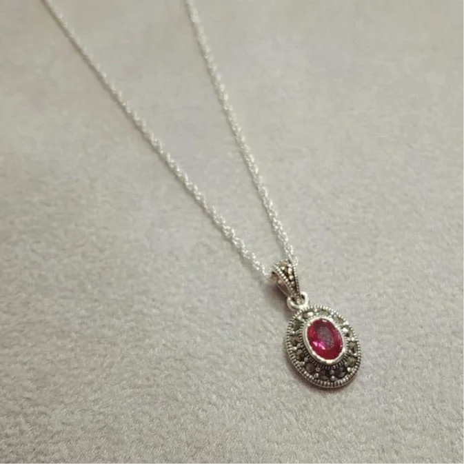 Custom Love Heart Necklaces -Ruby Crystal oval  Pendant Necklace Silver Marcasite