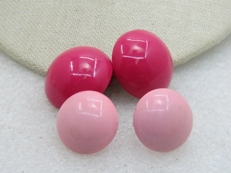 Simple Stud Earrings For Brides-Vintage  2 Pair Enameled Pink Clip Earrings, 1" and 3/4", Mid-Century.