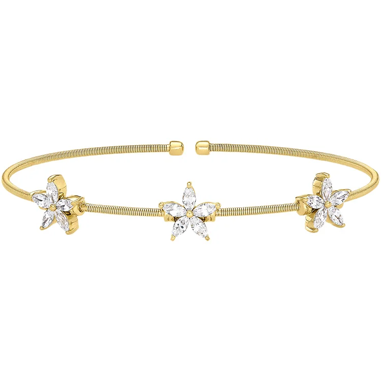 Elegant Bracelet For Formal Events-Gold Finish Sterling Silver Cable Cuff Bracelet with Simulated Diamond Flowers